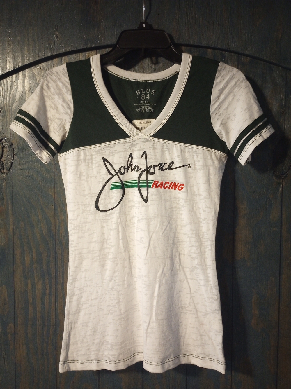 Blue 84 John Force Racing Women's V-Neck Tee in White and Dark Green,New
